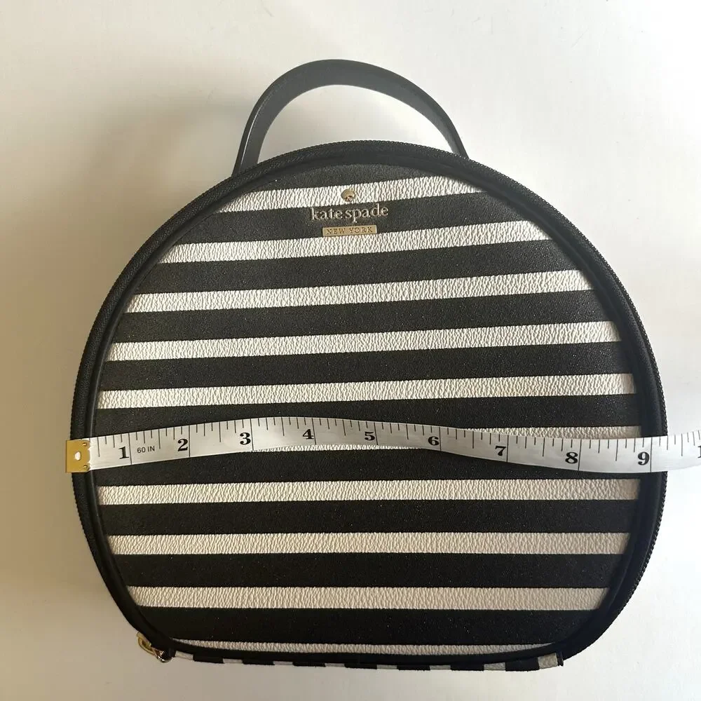 Kate Spade Miri Glitter Makeup Bag Black White Striped Round Cosmetic Case